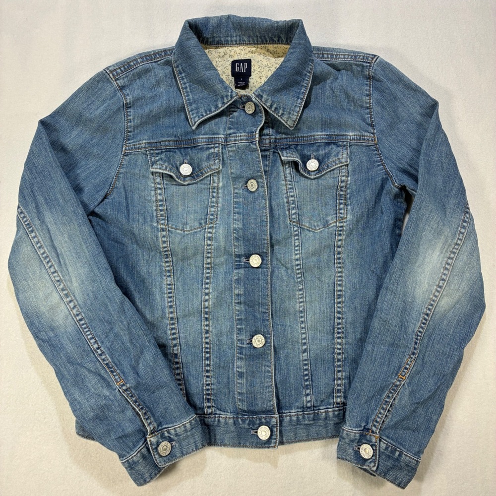 Y2K Womens Jean Jacket Cotton Stretch S Blue Floral Trim Classic Trucker Denim